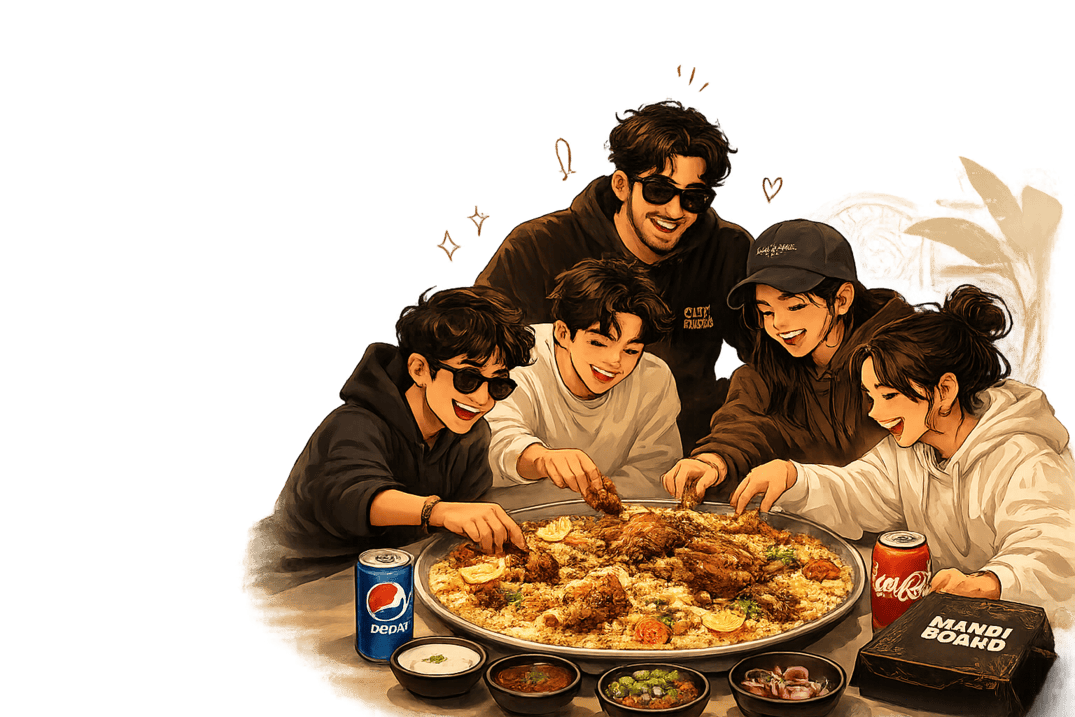Friends sharing a mandi platter